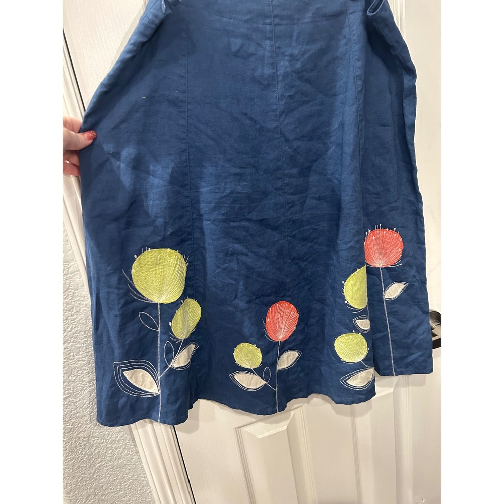 Boden A-Line Skirt Blue Linen Embroidered Floral Knee Length US 12L